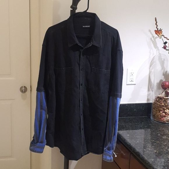 Balenciaga Other - Balenciaga Washed Black Oversized Panelled Striped Denim Button Up Shirt size 43